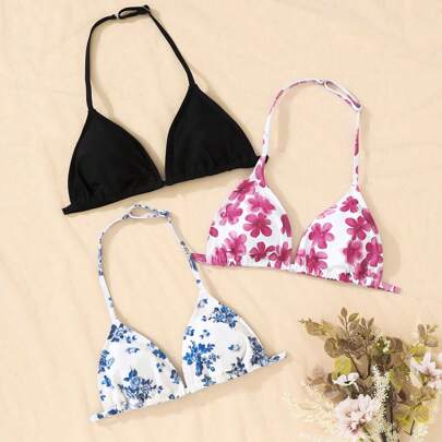 Set di 3 pezzi da ragazza adolescente: Bikini con top a aletta a uncinetto di colore unito con motivo floreale