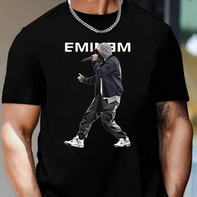 T-shirt da uomo con stampa Eminem, 220 g/m², casual, girocollo, in puro cotone, a maniche corte (1 pezzo)