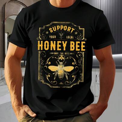 Maglietta a maniche corte con motivo "Support Local Honey Bee". T-shirt con stampa alla moda, 220 g/m², da uomo, casual, scollo rotondo, puro cotone,