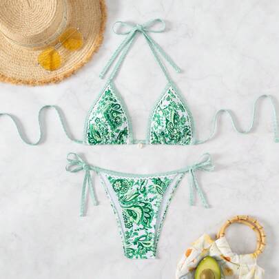 Conjunto bikini estampado de plantas verdes estilo vacaciones en la playa para mujeres