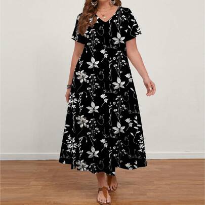 Abito lungo casual ed elegante con stampa floreale e scollo a V, a maniche corte, adatto per primavera ed estate, taglie comode