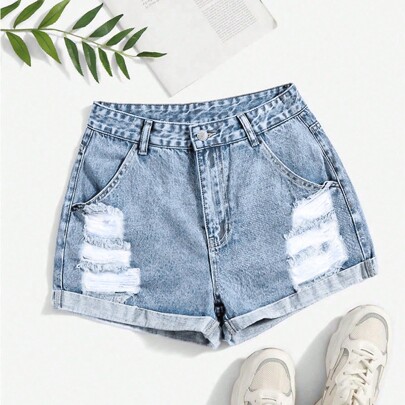 Pantaloncini di jeans casual versatili con tasche e effetto used