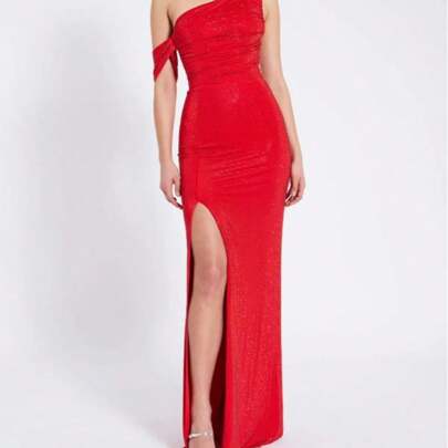 Red One Shoulder Slit Evening Gown | Elegant Formal Dress