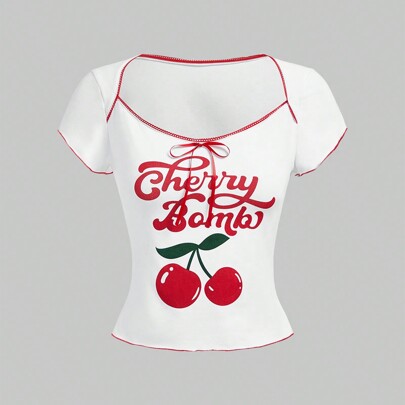 Top in rete trasparente da donna con stampa a ciliegie, "Cherry Bomb", ideale per San Valentino