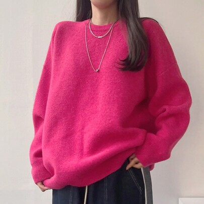 Maglione oversize da donna a collo tondo, colore rosa cipria tinta unita