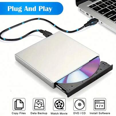 Unità CD/DVD esterna per computer portatile, unità slim portatile USB 2.0 per masterizzazione CD/DVD, unità ottica CD/DVD+/-RW compatibile con Windows