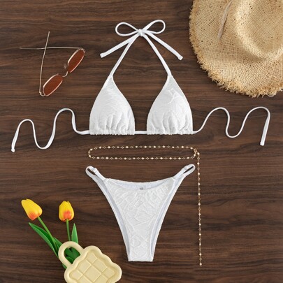 Set bikini strutturato Reggiseno triangolo & Cintura a catena Perizoma 2 pezzi Costume da bagno