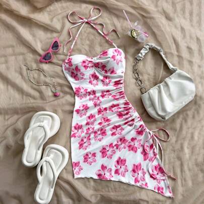 Abito midi aderente con stampa floreale, scollo alla halter, colletto annodato davanti e orlo asimmetrico, stile romantico da vacanza, intimo autunno/