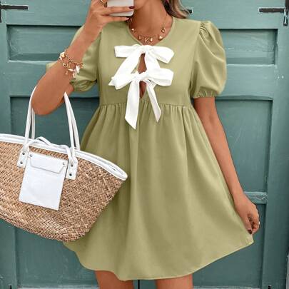 Abito mini babydoll oversize da donna con maniche a sbuffo e fiocco decorativo