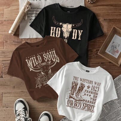 Set da 3 pezzi: stivali western vintage, motivo western anni '90, motivo testa di toro western, stampa lettera western vintage, maglietta crop top a m