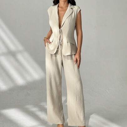 2 pezzi Completo da donna con blusa smanicata e cintura, e pantaloni, completo casual da donna con risvolto e fiocco, tuta pantalone, completo autunna