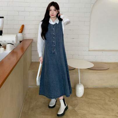 Vestito pinafore in denim da donna, senza maniche
