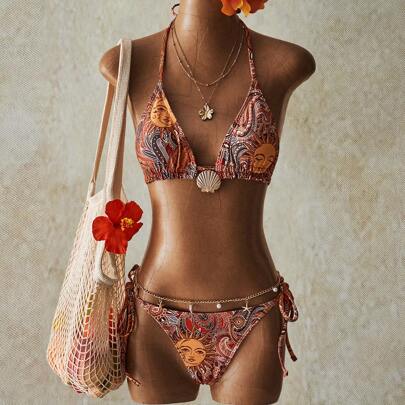 2 pezzi Set bikini stile boho con stampa paisley tropicale per vacanze e spiaggia