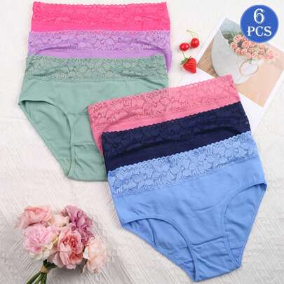 [Confezione da 6] Mutande a vita alta da donna in pizzo morbide, slip hipster, biancheria intima da donna, biancheria intima completa elasticizzata