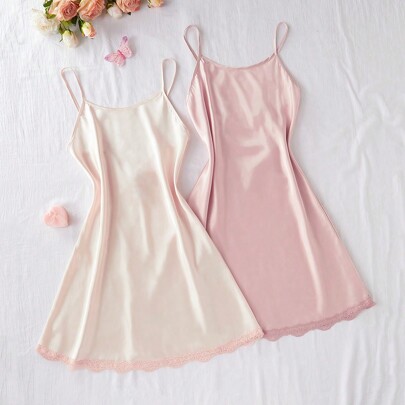 2 pezzi / set Camicia da notte donna in seta sintetica con laccio sulla schiena, abbigliamento da notte