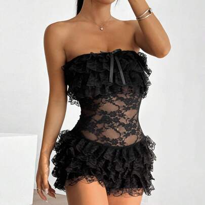 Canottiera in pizzo da donna, tutina sexy e trasparente a più strati con fiocco decorativo