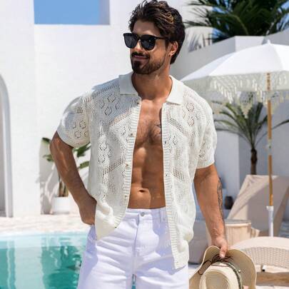 Maglia estiva da uomo in maglia jacquard bianca e traforata
