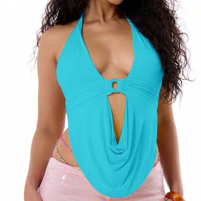 Top con scollo ad altalena sexy per club, vacanza a Ibiza, stile boho estivo