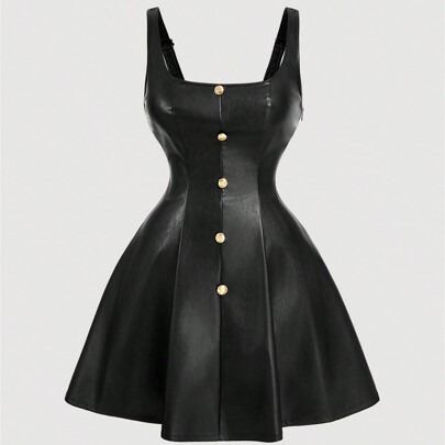 Vestito estivo in PU nero con bottoni metallici davanti, per ritorno a scuola, mini abito, completo da concerto, festival, Capodanno, San Valentino, t