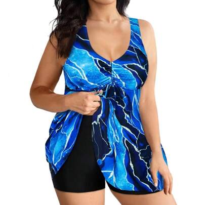 Costume da bagno tankini a stampa di moda, costume da bagno tankini con gonna staccabile, stile slip, per donne formose