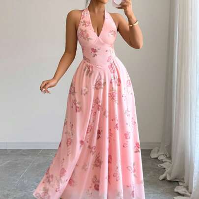 Abito a tubino con scollo a V, senza maniche, con motivo floreale ditsy ditsy, da donna