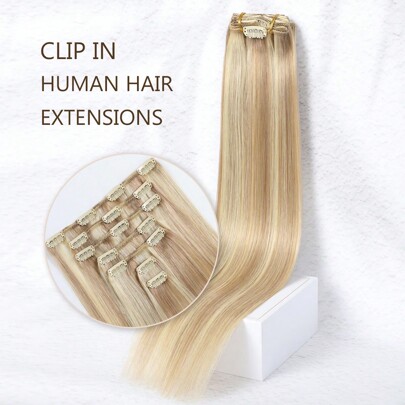 Extension per capelli molletta-in da 14-20 pollici, 7 pezzi, colore biondo cenere con ciocche bionde, extension per capelli lisci in veri capelli uman