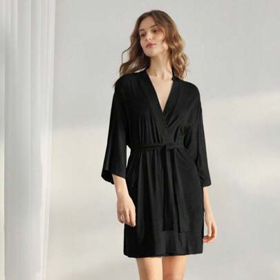 Morbida vestaglia da donna in cotone a costine, confortevole abbigliamento da notte lungo
