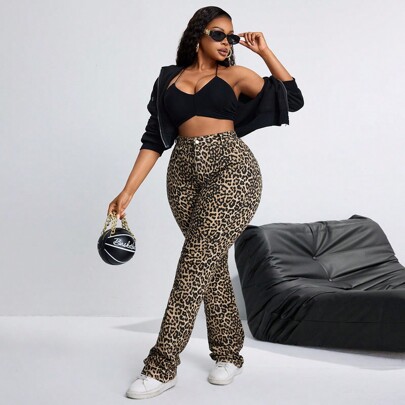 Pantaloni leggings in denim elasticizzato con stampa leopardata in taglie comode