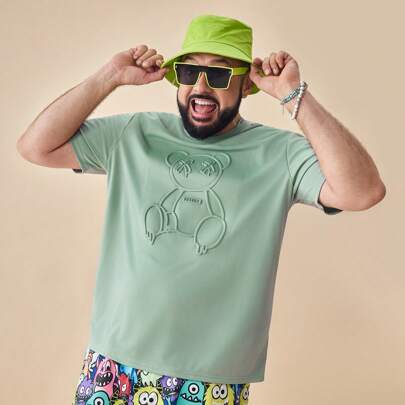 Maglietta A Maglia A Elasticità Stira Con Orso Stampato Plus Size Per Uomo