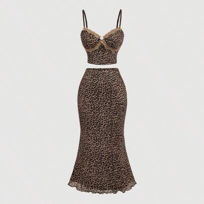 Set di canottiera e gonna con balza a stampa leopardata per donna, set leopardati, completi abbigliamento donna, completi donna hot, completi autunno