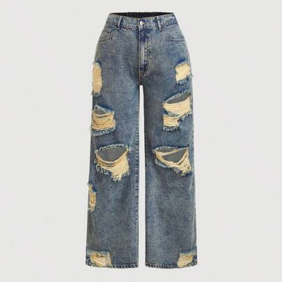 Jeans dritti larghi con strappi, jeans Y2k, outfit da donna per il Ringraziamento, jeans mum da donna, jeans oversize