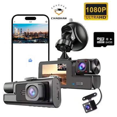 Dash cam, dash cam a 3 canali, dash cam anteriore e interna 1080P, dash cam tripla, dash cam con scheda da 64GB, HDR, sensore G, parcheggio 24h, regis