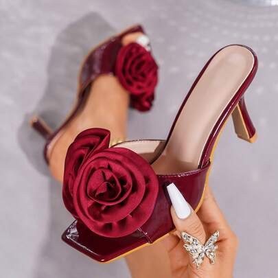 Sandali infradito con punta quadrata in raso con rose, stile cinese, tacco basso, wine red