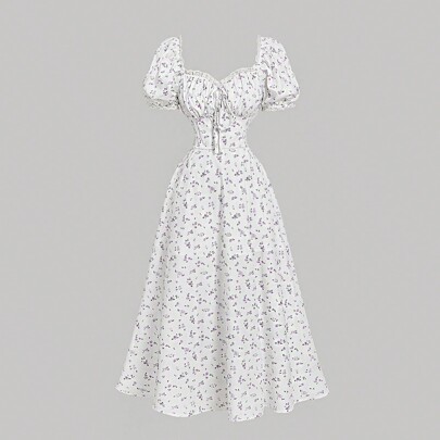 Vestito da donna stile campagnolo resort chic con maniche a sbuffo, viola, stile da lattaia, adatto per San Valentino, vacanze, compleanni