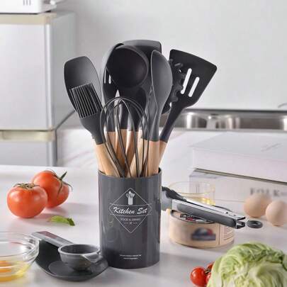 Set di utensili da cucina in silicone con manico in legno, set di attrezzi da cucina e da forno, set di stoviglie da cucina speciali antiaderenti e re