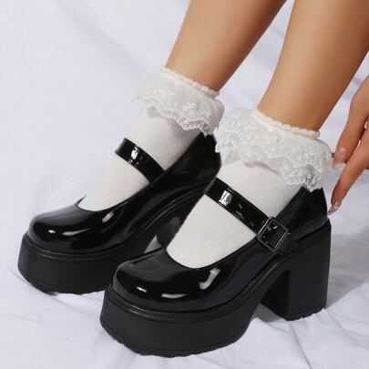 Donna nero Pumps mary jane , elegante con punta rotonda Pumps con tacco grosso