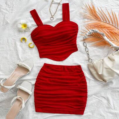 2 pezzi Set top e gonna con scollo a cuore, Completi sexy per appuntamenti e San Valentino