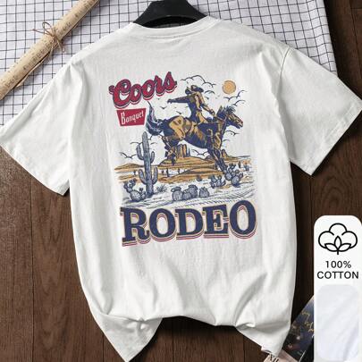 Maglietta grafica con stampa rodeo Coors, 100% cotone, maniche corte per donna, bianca, abbigliamento estivo casual