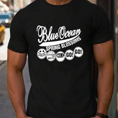 T-shirt da uomo Blue Ocean Spring Flowers Bloom Valentine's, 1 pezzo 220gsm girocollo casual pesante in puro cotone