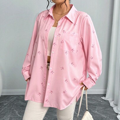 Blusa casual romantica con stampa fiocco rosa, camicia da donna come regalo di San Valentino per amanti, rosa San Valentino con fiocco