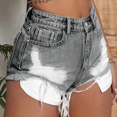 Shorts in jeans strappati con orlo grezzo, vita alta, donna, jeans shorts estivi casual alla moda, stile vintage, con bordi sfrangiati, hot pants di ,