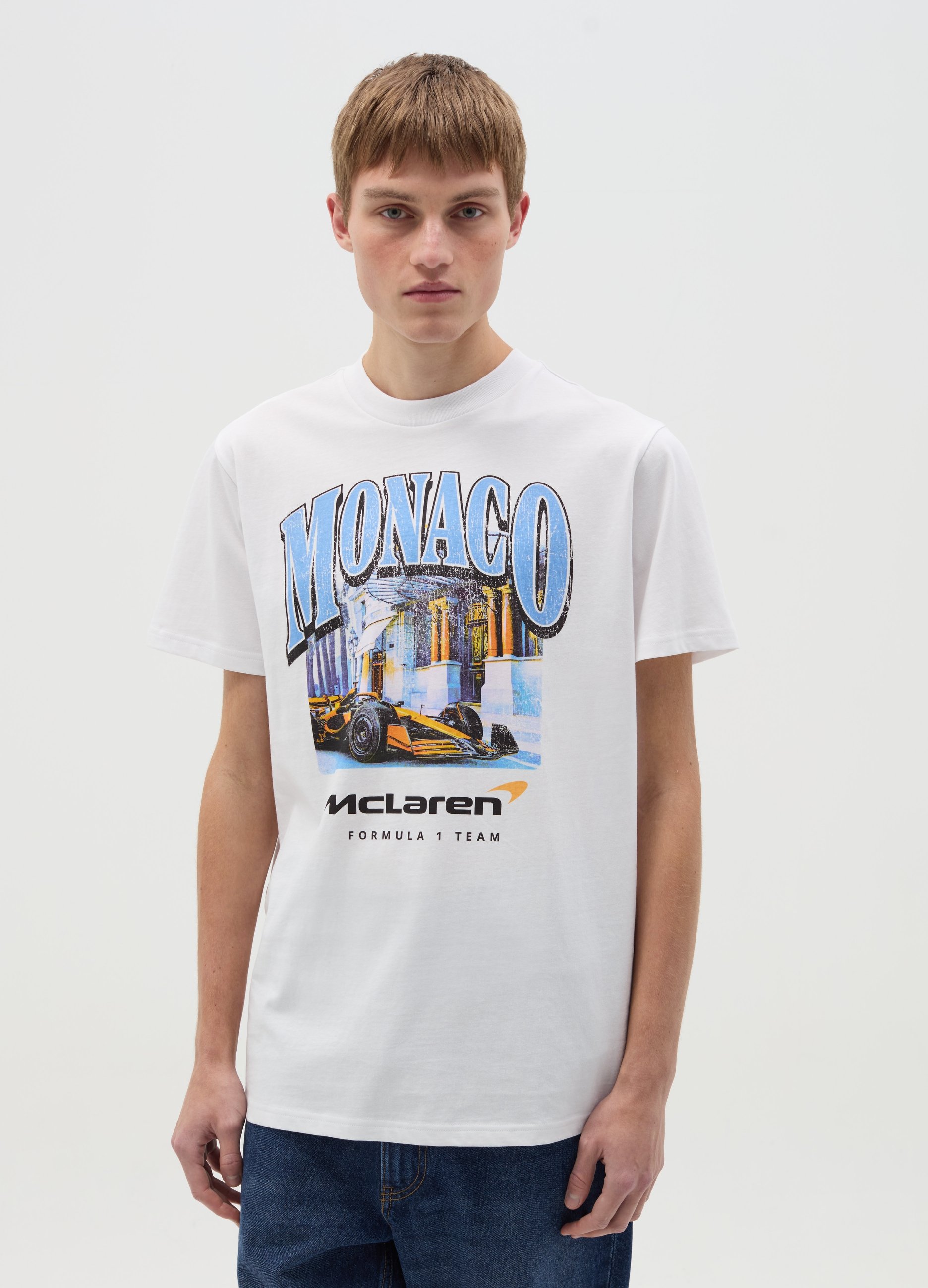 OVS, T-shirt In Cotone Con Stampa "monaco - Mclaren", Unisex, Bianco, Taglia: L