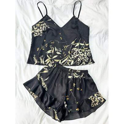 Completo da notte da donna nero sexy con stampa e pantaloncini, completo da notte e camicia da notte