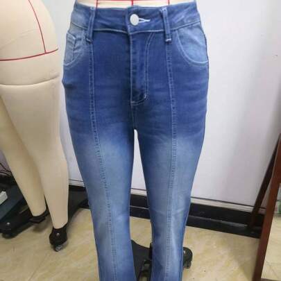 #8461 Jeans casual da donna, versatili, skinny con ricami, lavaggio retrò, pantaloni in denim elasticizzato