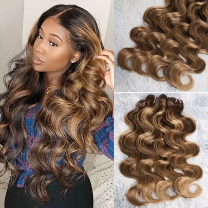 Pacchetto Body Wave di lusso P4/27: capelli vergini brasiliani Remy 12A - colpi di sole castano miele, 14-26 pollici, termoprotettore non trattato