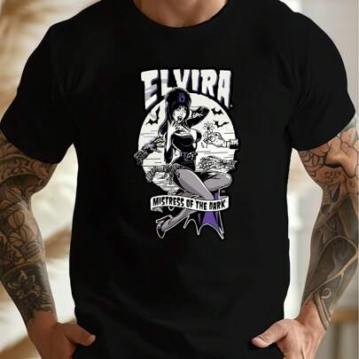 T-shirt da uomo con Elvira, Signora delle Tenebre, T-shirt con stampa alla moda, 220 g/m², per uomo, casual, scollo tondo, puro cotone, manica corta (