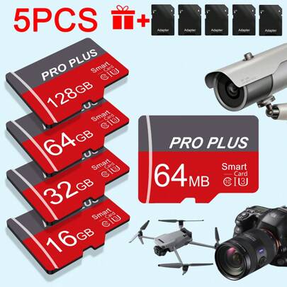 5 schede di memoria TF ad alta velocità, capacità effettiva Micro SD: 128 GB/64 GB/32 GB/16 GB/8 GB/4 GB/2 GB/1 GB/512 MB/256 MB/128 MB/64 MB | Con ad