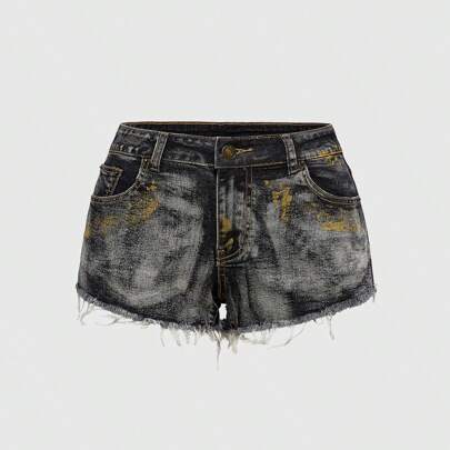 Shorts mini con vita con laccetto, in stile vintage, con glitter argento slavato