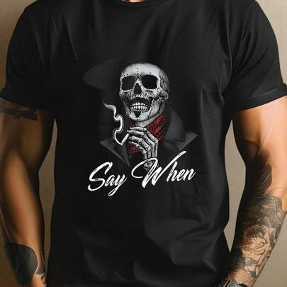 T-shirt da uomo con motivo "Smoking Skull", t-shirt da uomo con scollo rotondo, 220 g/m², per l'estate, in puro cotone, maniche corte (1 pezzo)