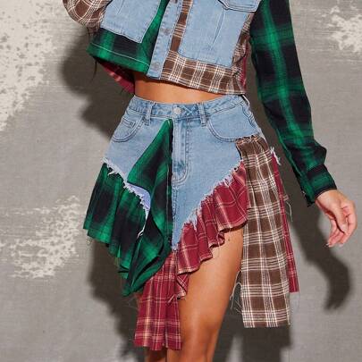 Gonna di flanella in jeans misto scacchi con fodera slip, completi da festival per donne, completi da rodeo per donne, completi Coachella, look da con